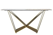 Nuvor Dining Table with Rectangular Sintered Stone/Glass Tabletop and Gold Steel Legs Sintered Stone 55 Inches Wide Light Grey Dining Table Leisuremod