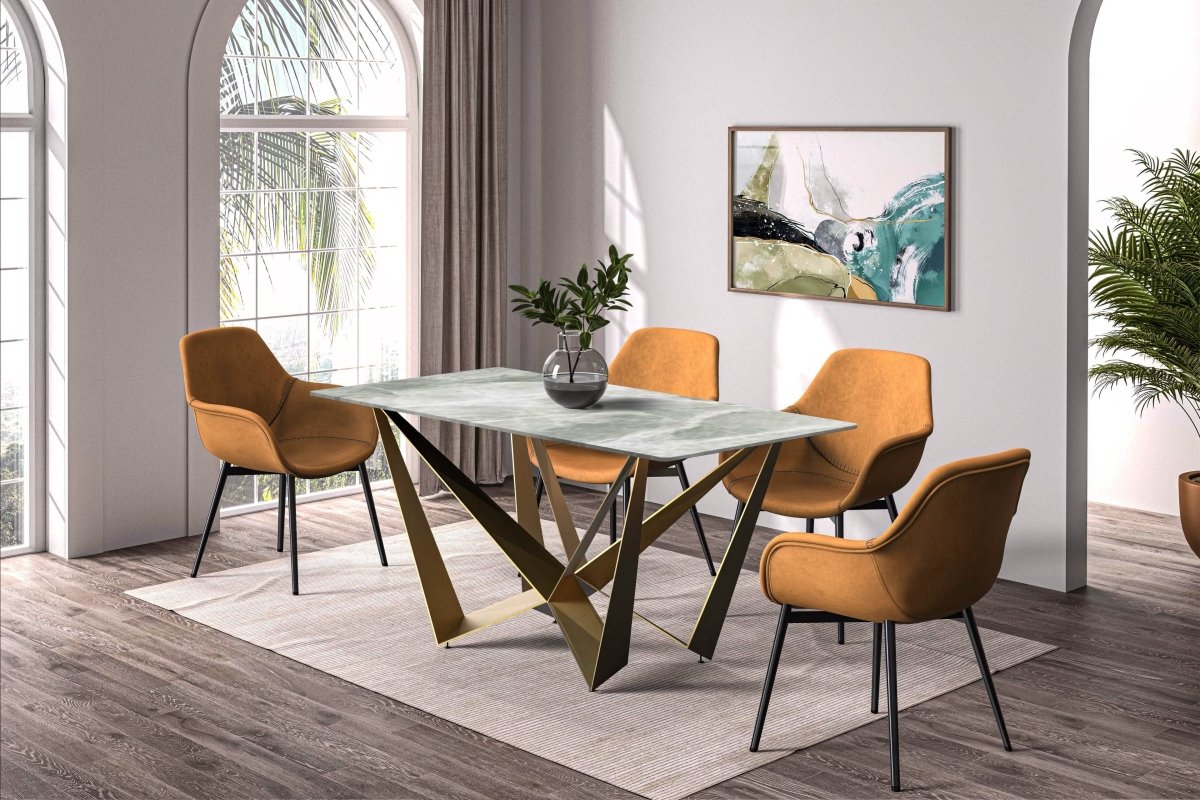 Nuvor Dining Table with Rectangular Sintered Stone/Glass Tabletop and Gold Steel Legs Sintered Stone 62 Inches Wide Deep Grey Dining Table Leisuremod
