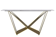 Nuvor Dining Table with Rectangular Sintered Stone/Glass Tabletop and Gold Steel Legs Sintered Stone 55 Inches Wide Light Grey Dining Table Leisuremod
