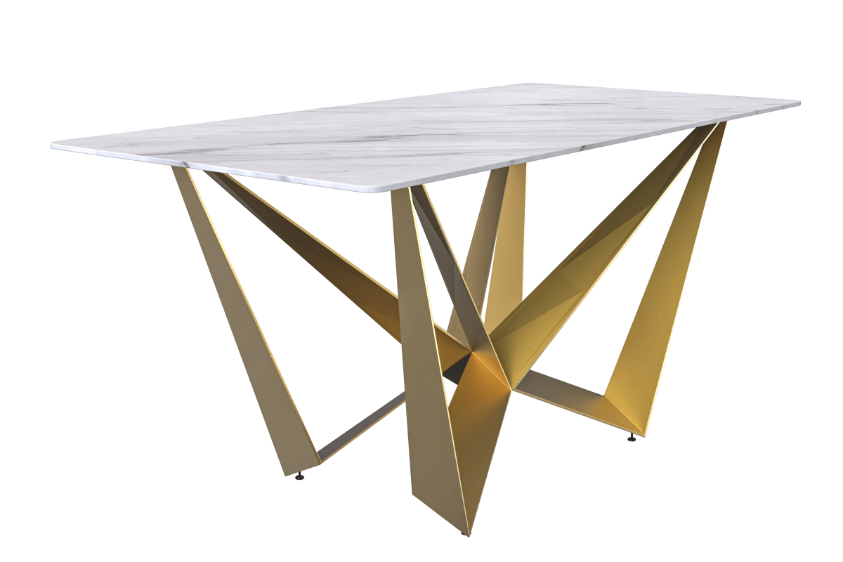 Nuvor Dining Table with Rectangular Sintered Stone/Glass Tabletop and Gold Steel Legs Sintered Stone 55 Inches Wide Light Grey Dining Table Leisuremod