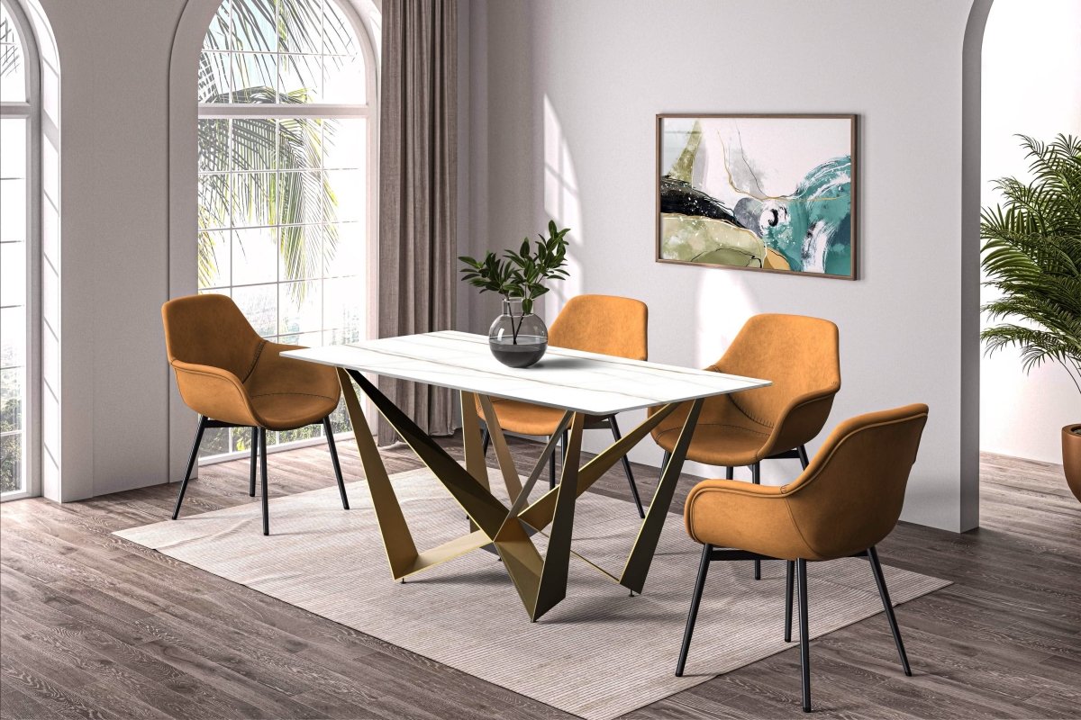 Nuvor Dining Table with Rectangular Sintered Stone/Glass Tabletop and Gold Steel Legs Sintered Stone 62 Inches Wide Deep Grey Dining Table Leisuremod