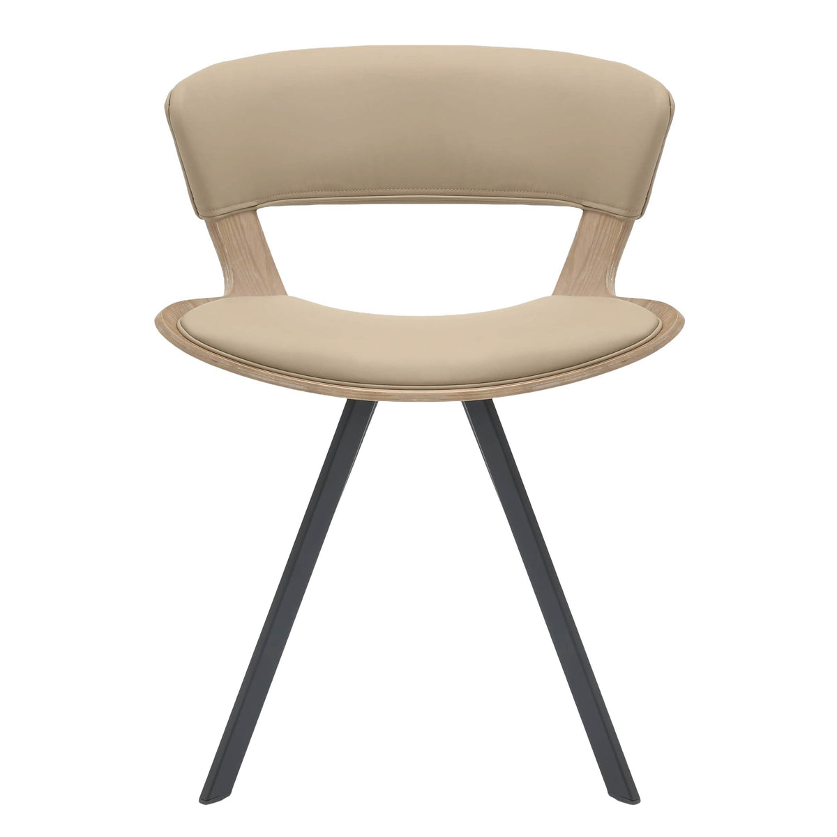 Nymia Upholstered Dining Chair With Saddle Seat Design and Iron Legs Washed Walnut Taupe Dining Chair Leisuremod