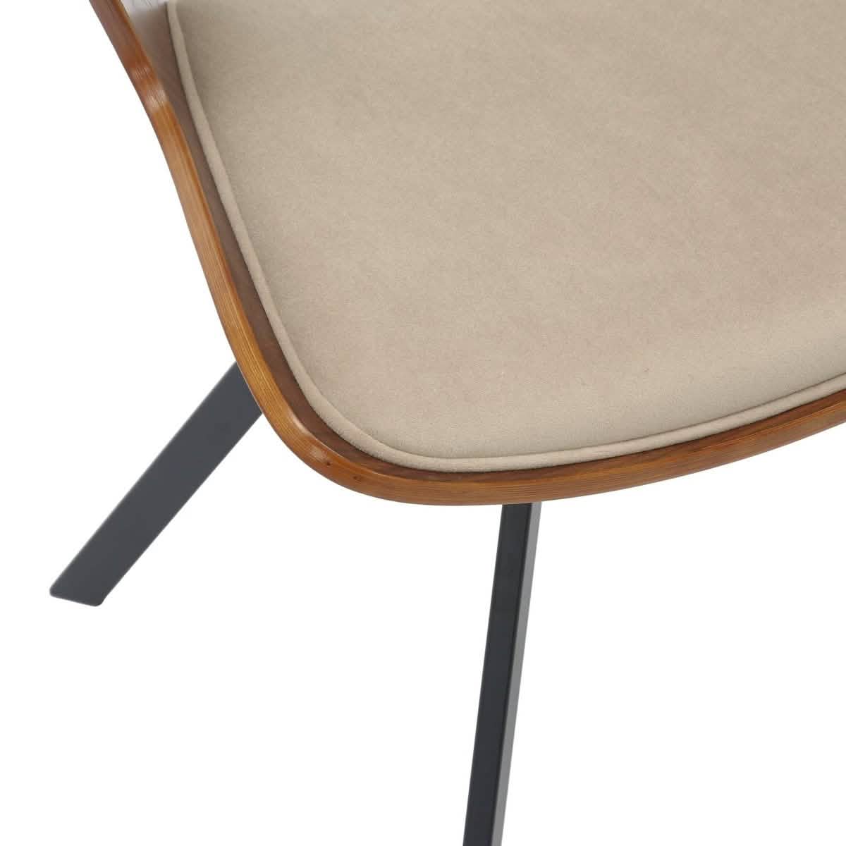 Nymia Upholstered Dining Chair With Saddle Seat Design and Iron Legs Walnut Light Brown Velvet Dining Chair Leisuremod