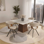 Nymia Upholstered Dining Chair With Saddle Seat Design and Iron Legs Walnut Light Brown Velvet Dining Chair Leisuremod