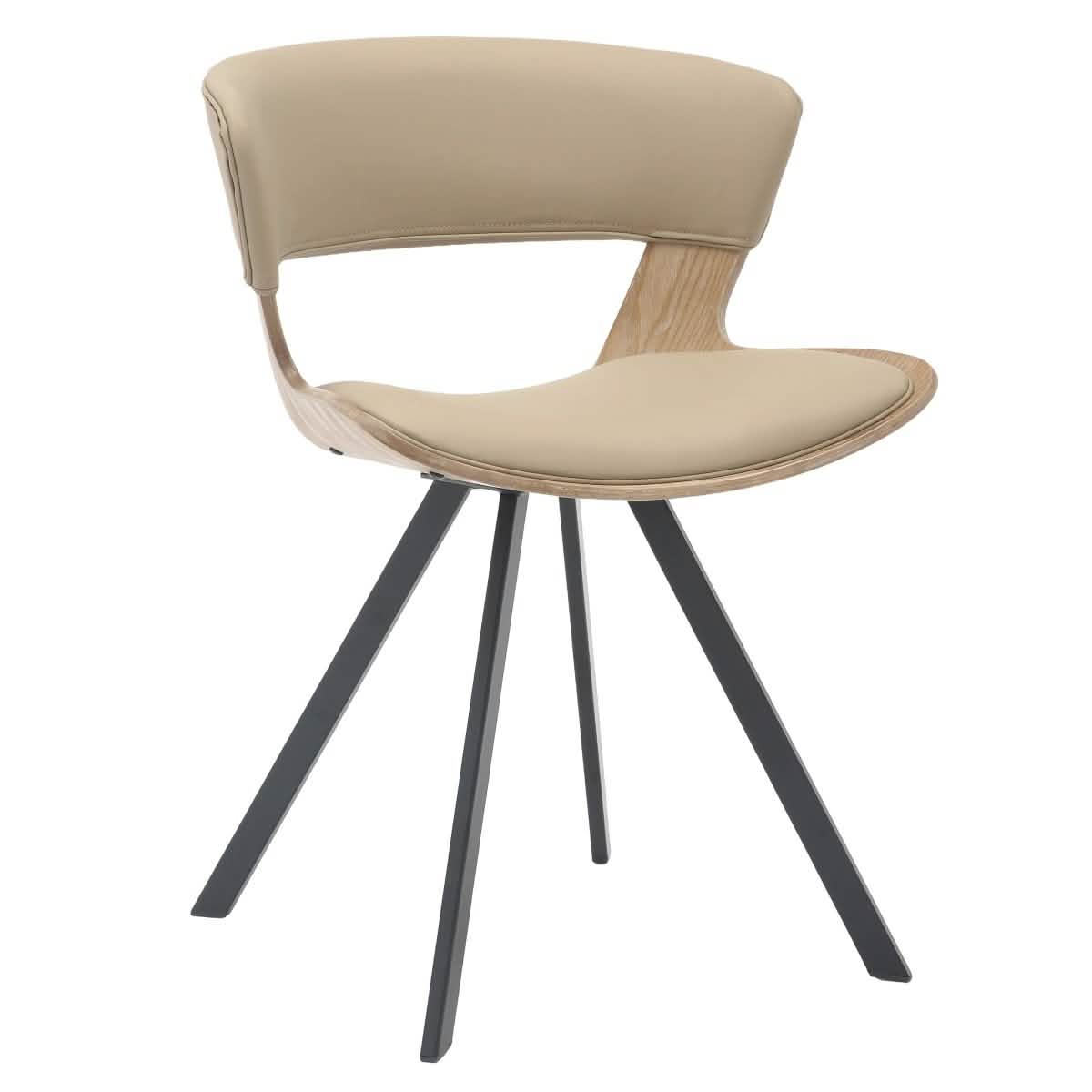 Nymia Upholstered Dining Chair With Saddle Seat Design and Iron Legs Washed Walnut Taupe Dining Chair Leisuremod