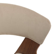 Nymia Upholstered Dining Chair With Saddle Seat Design and Iron Legs Walnut Light Brown Velvet Dining Chair Leisuremod