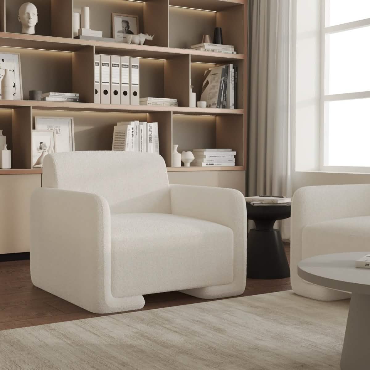 Nyta Accent Chair Upholstered in Linen/Boucle with Pine Wood Frame White Boucle Sofa Leisuremod