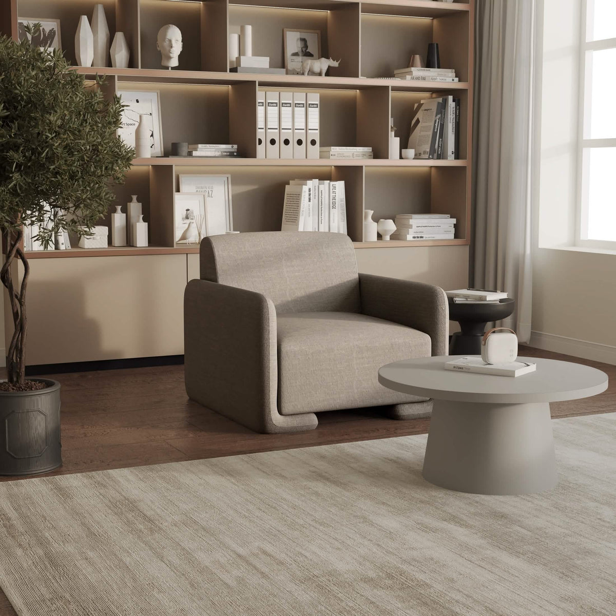 Nyta Accent Chair Upholstered in Linen/Boucle with Pine Wood Frame Grey Linen Sofa Leisuremod