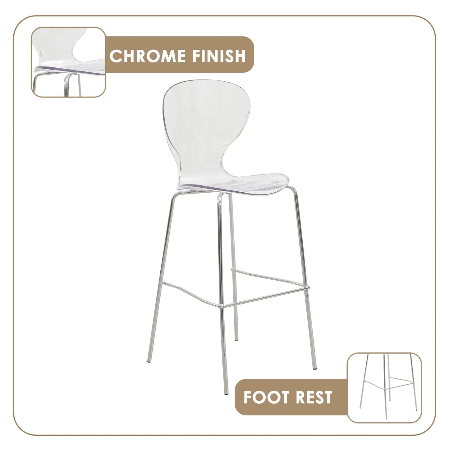 Oyster Mid-Century Modern Acrylic Barstool with Steel Frame in Chrome Finish for Kitchen and Dining Room - Elax Furniture