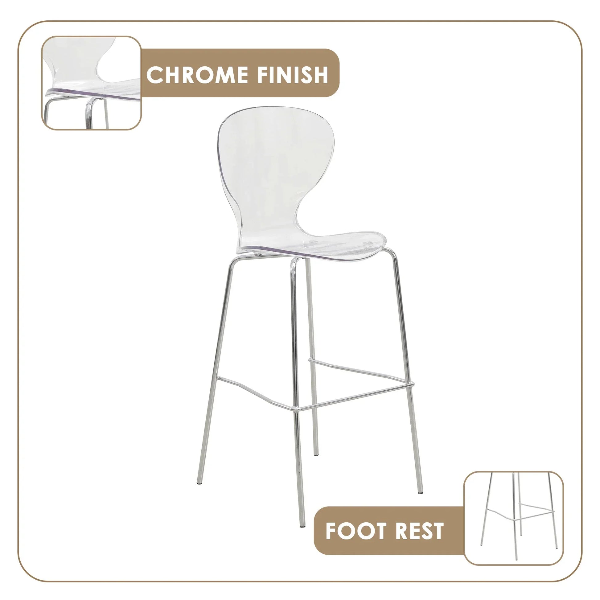 Oyster Mid-Century Modern Acrylic Barstool with Steel Frame in Chrome Finish for Kitchen and Dining Room - Elax Furniture