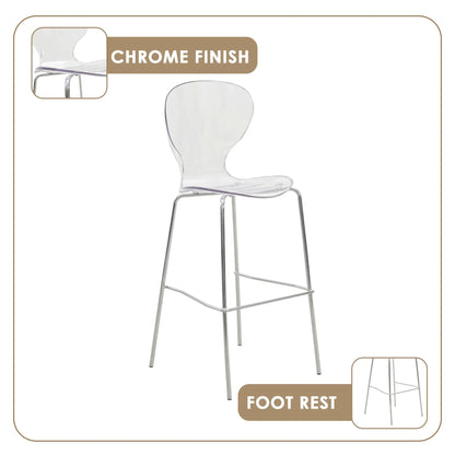 Oyster Mid-Century Modern Acrylic Barstool with Steel Frame in Chrome Finish for Kitchen and Dining Room - Elax Furniture