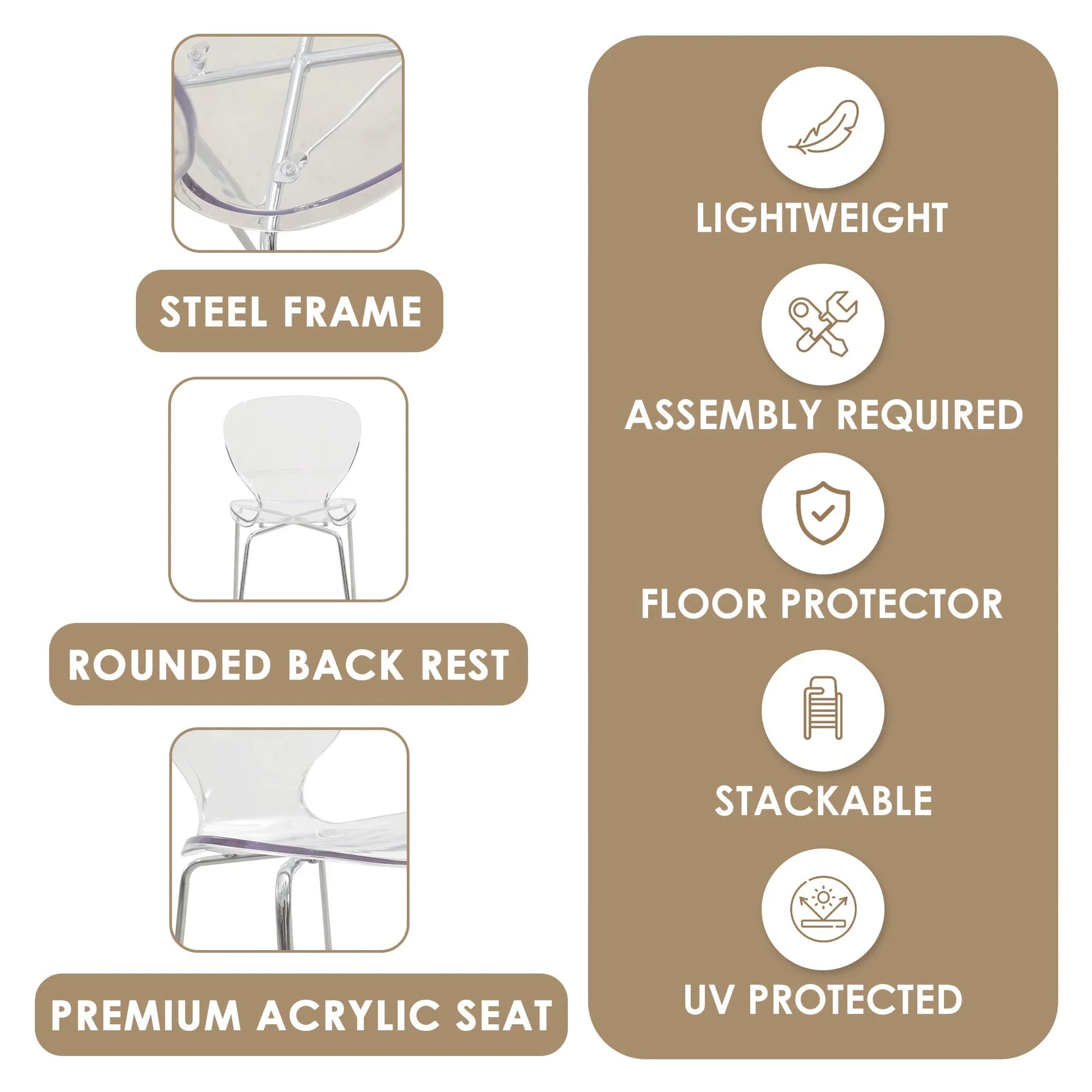 Oyster Mid-Century Modern Acrylic Barstool with Steel Frame in Chrome Finish for Kitchen and Dining Room - Elax Furniture