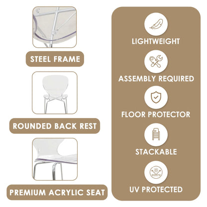 Oyster Mid-Century Modern Acrylic Barstool with Steel Frame in Chrome Finish for Kitchen and Dining Room - Elax Furniture