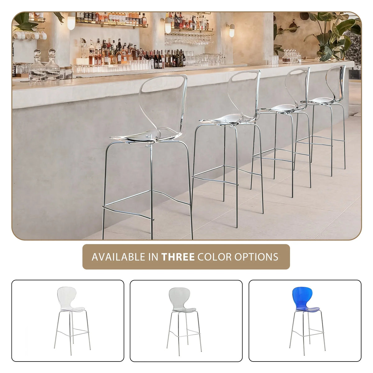 Oyster Mid-Century Modern Acrylic Barstool with Steel Frame in Chrome Finish for Kitchen and Dining Room - Elax Furniture