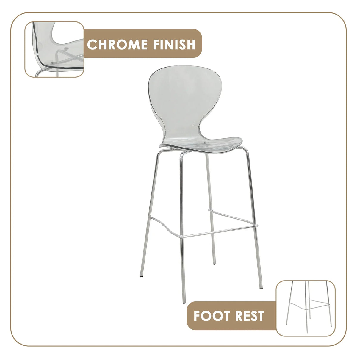 Oyster Mid-Century Modern Acrylic Barstool with Steel Frame in Chrome Finish for Kitchen and Dining Room - Elax Furniture