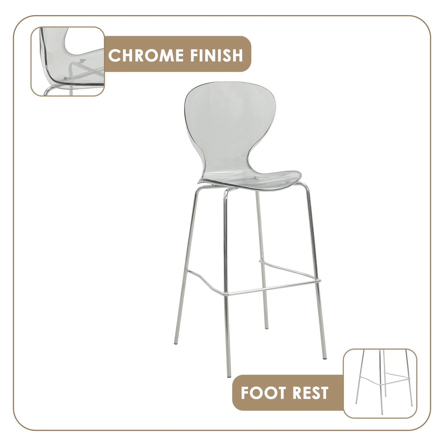 Oyster Mid-Century Modern Acrylic Barstool with Steel Frame in Chrome Finish for Kitchen and Dining Room - Elax Furniture