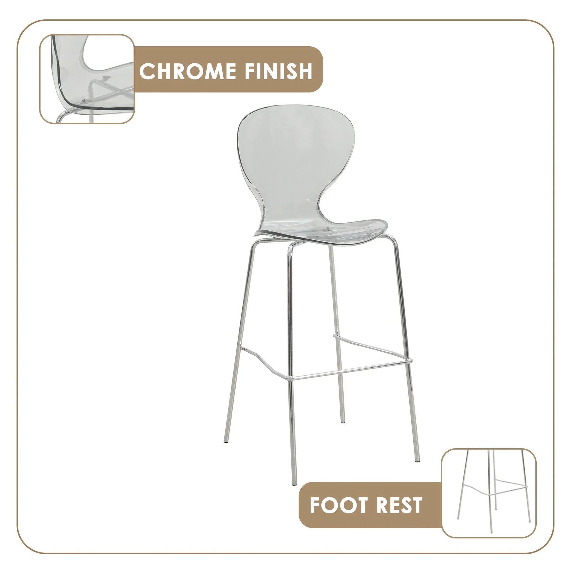 Oyster Mid-Century Modern Acrylic Barstool with Steel Frame in Chrome Finish for Kitchen and Dining Room - Elax Furniture
