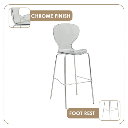 Oyster Mid-Century Modern Acrylic Barstool with Steel Frame in Chrome Finish for Kitchen and Dining Room - Elax Furniture