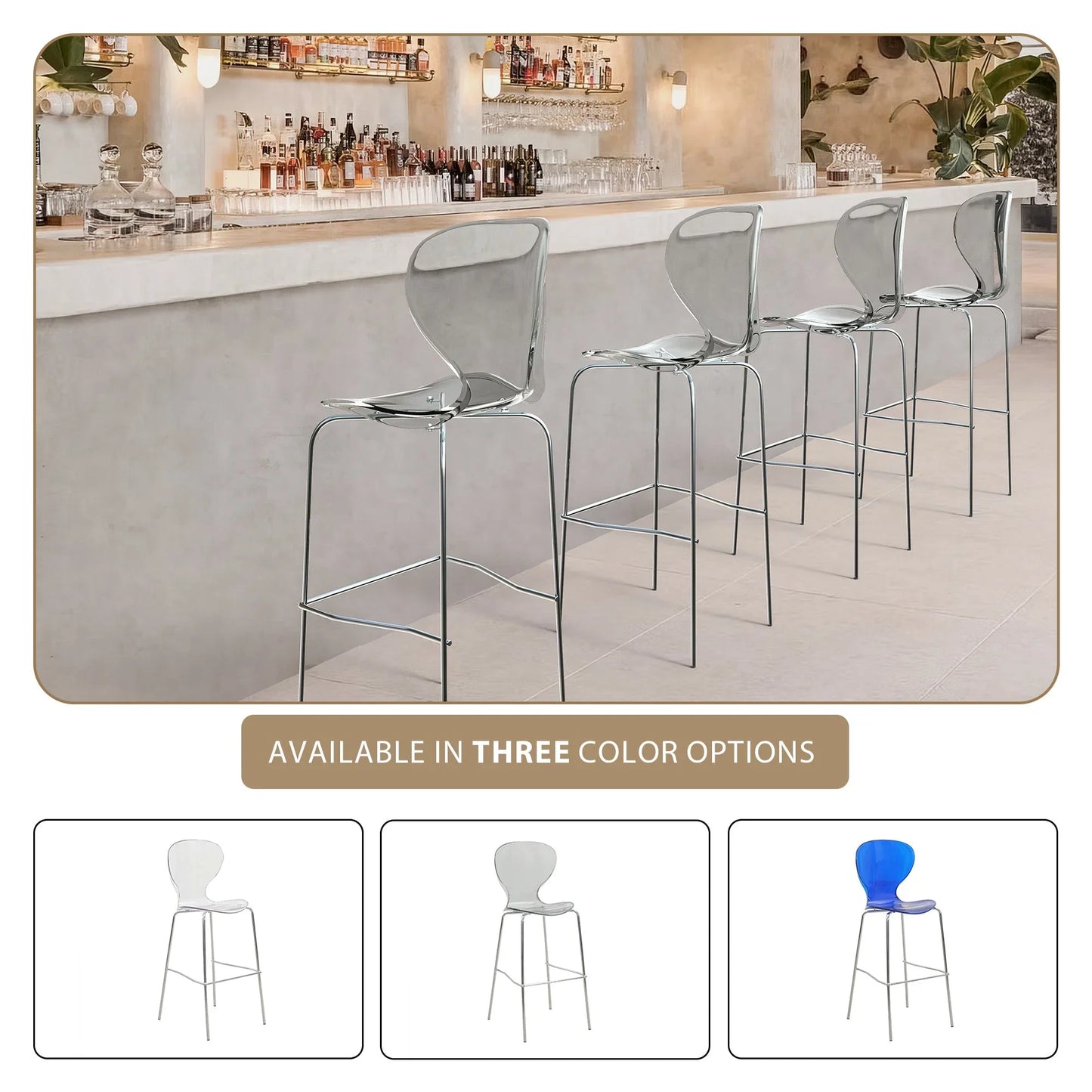 Oyster Mid-Century Modern Acrylic Barstool with Steel Frame in Chrome Finish for Kitchen and Dining Room - Elax Furniture