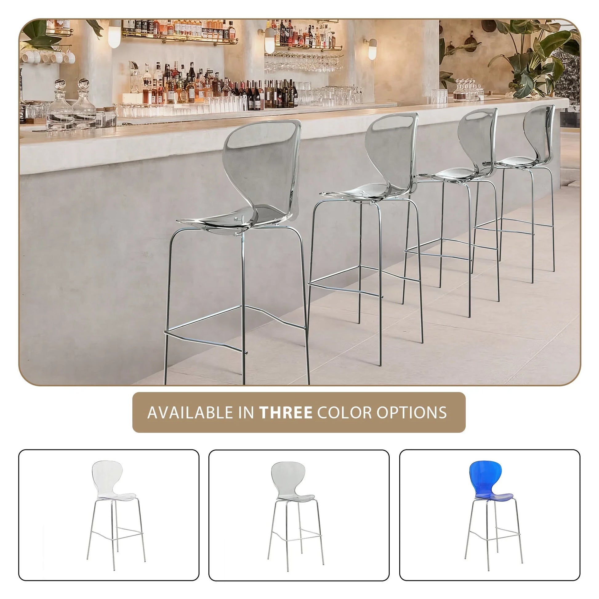 Oyster Mid-Century Modern Acrylic Barstool with Steel Frame in Chrome Finish for Kitchen and Dining Room - Elax Furniture