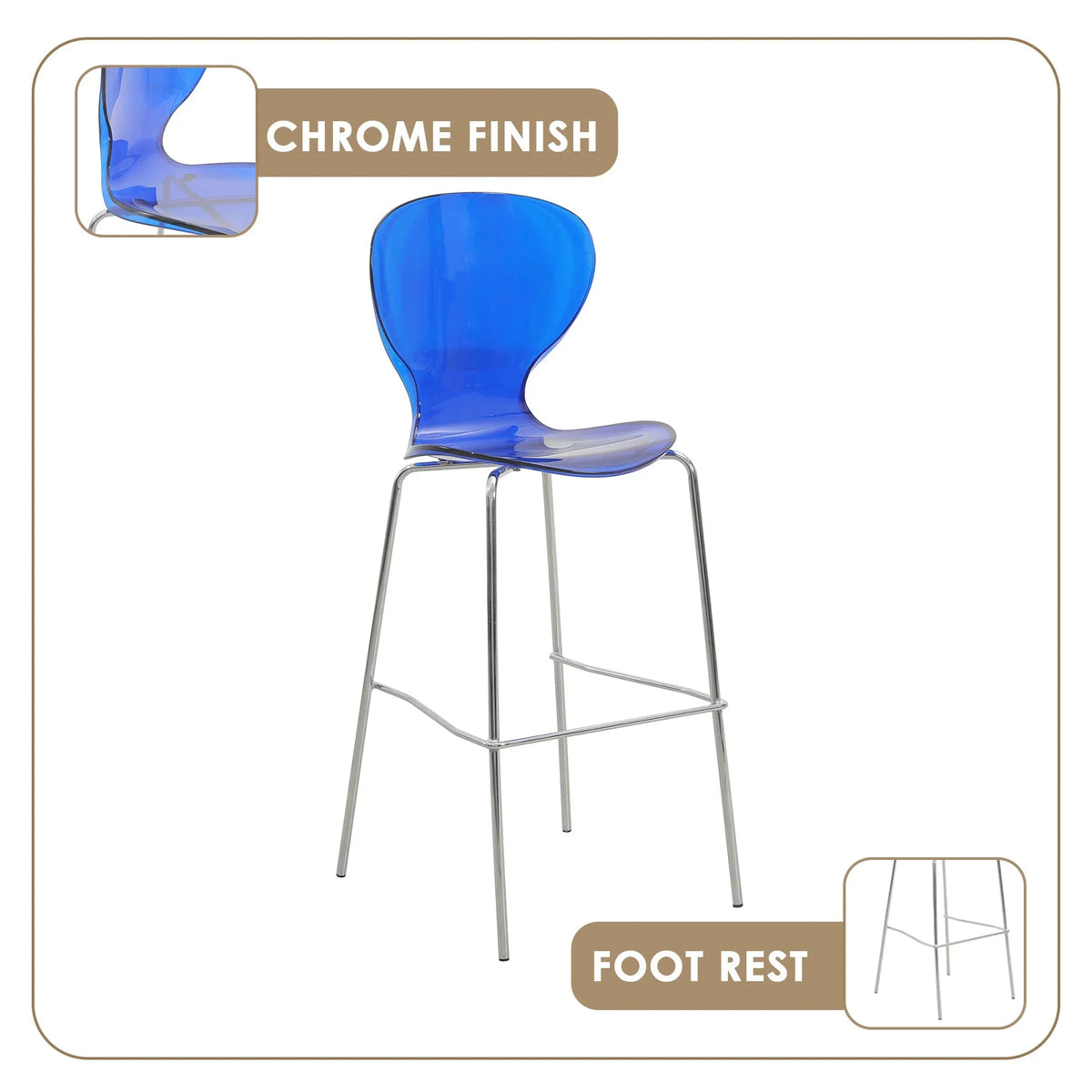 Oyster Mid-Century Modern Acrylic Barstool with Steel Frame in Chrome Finish for Kitchen and Dining Room - Elax Furniture