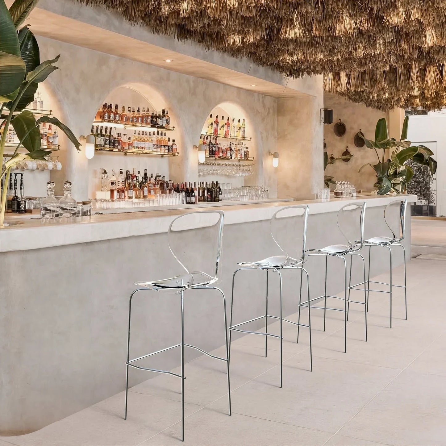 Oyster Mid-Century Modern Acrylic Barstool with Steel Frame in Chrome Finish for Kitchen and Dining Room - Elax Furniture