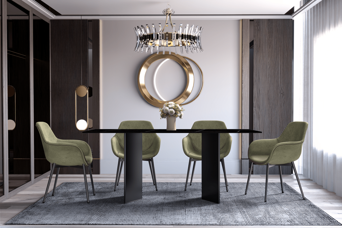 Olyra Dining Table with Rectangular Glass/Sintered Stone Tabletop and Stainless Steel Base Sintered Stone Black and Gold Dining Table Leisuremod