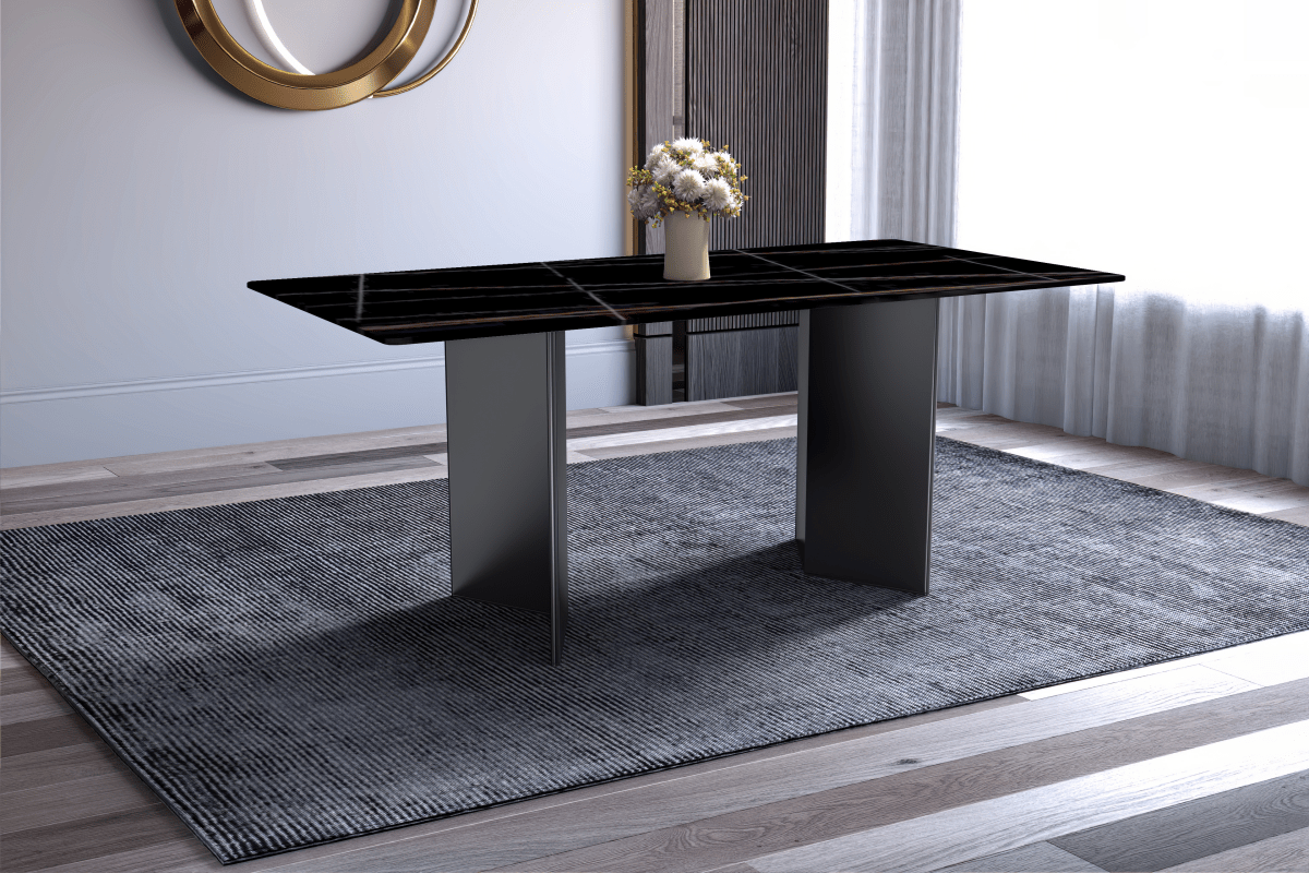 Olyra Dining Table with Rectangular Glass/Sintered Stone Tabletop and Stainless Steel Base Sintered Stone Black and Gold Dining Table Leisuremod
