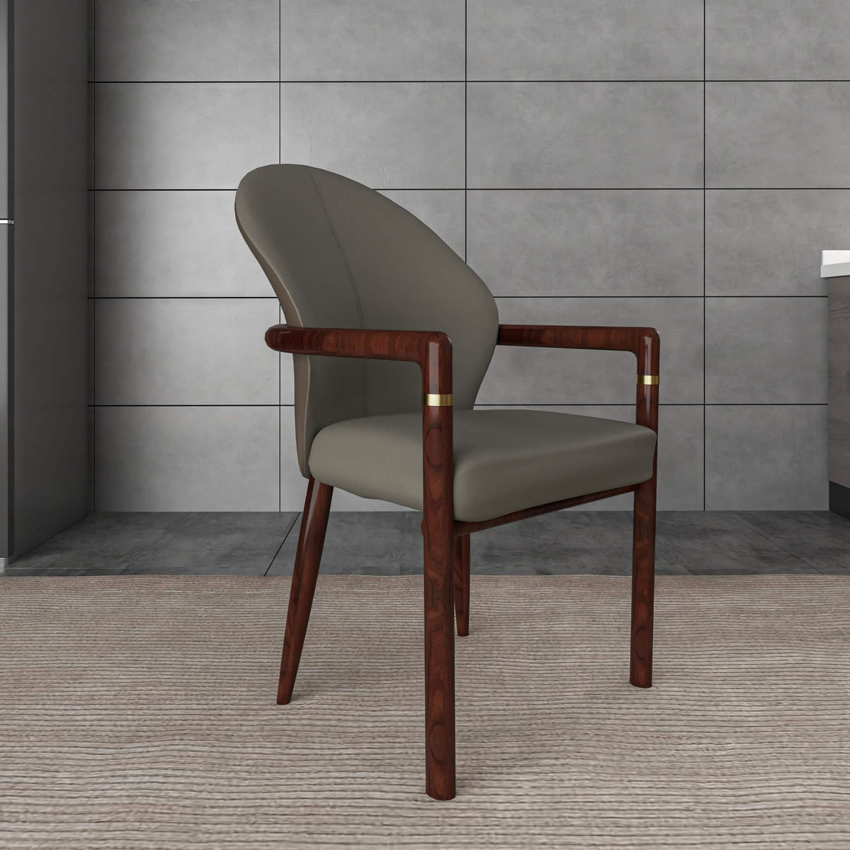 Opaline Dining Chair in Velvet or Leather Upholstery with Rubberwood Frame with Gold Accents Khaki Leather Dining Chair Leisuremod