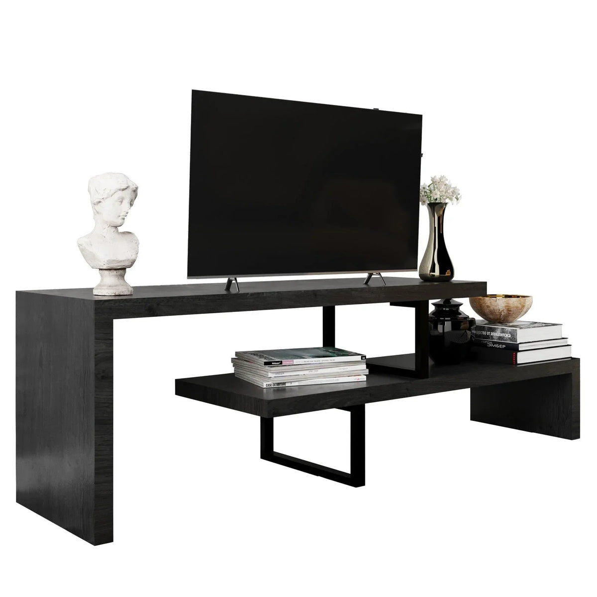Orford Mid-Century Modern TV Stand with MDF Shelves and Powder Coated Iron Legs for Living Room - Elax Furniture