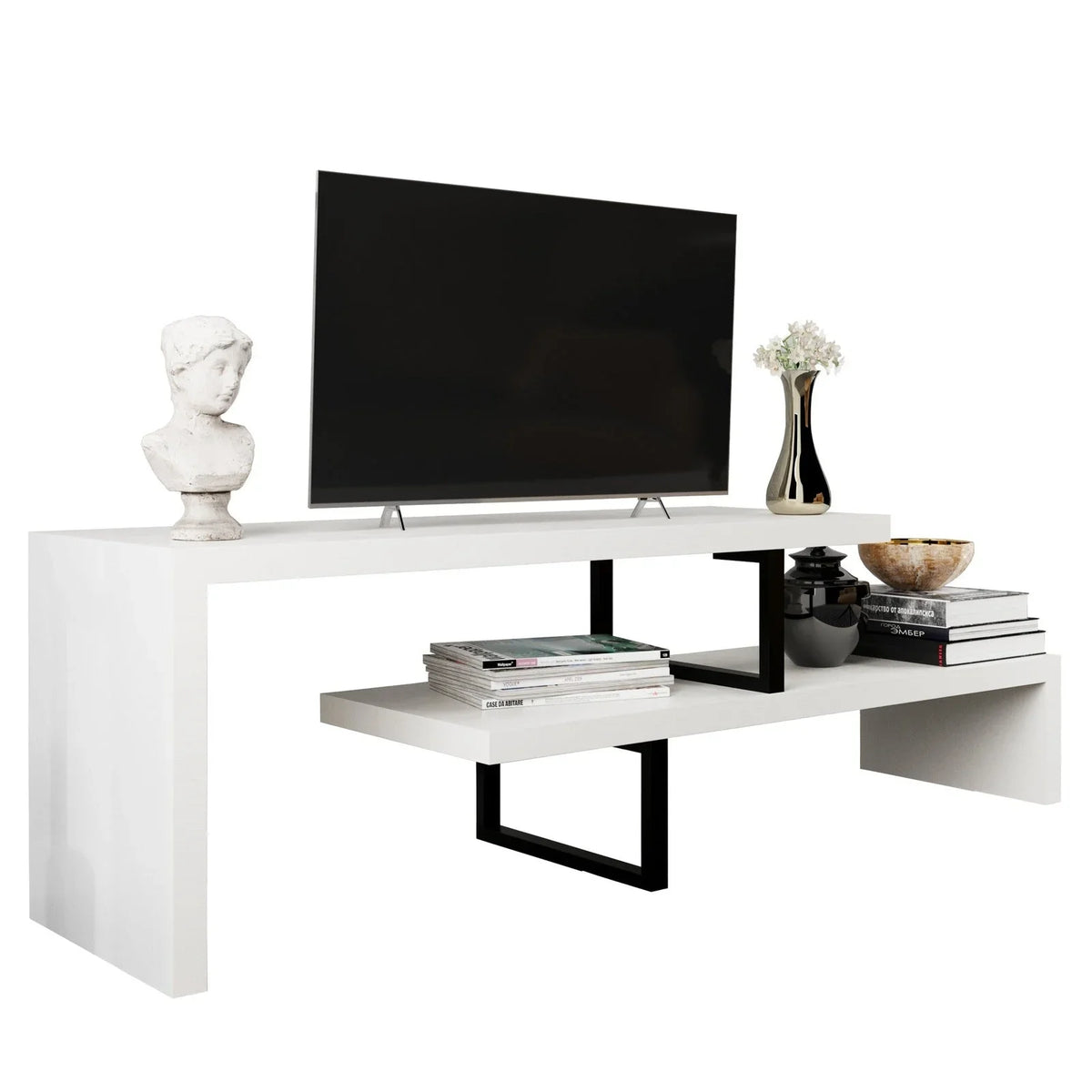 Orford Mid-Century Modern TV Stand with MDF Shelves and Powder Coated Iron Legs for Living Room - Elax Furniture