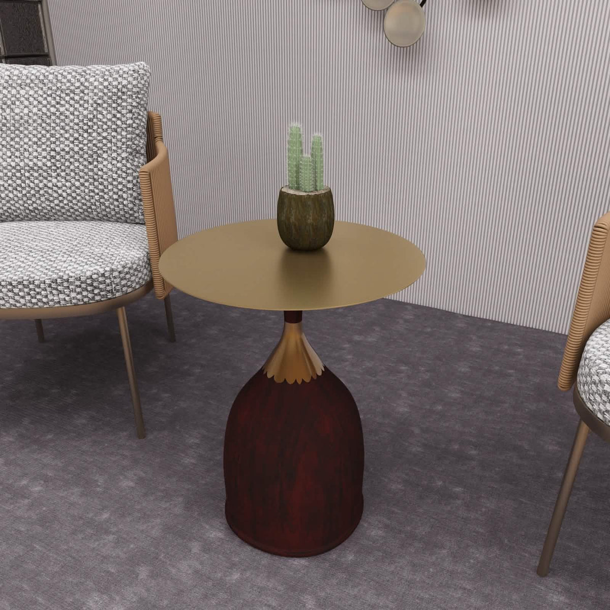 Oslo Side Table Round Stainless Steel Top and Pedestal Base Wood Brown Side Table LeisureMod