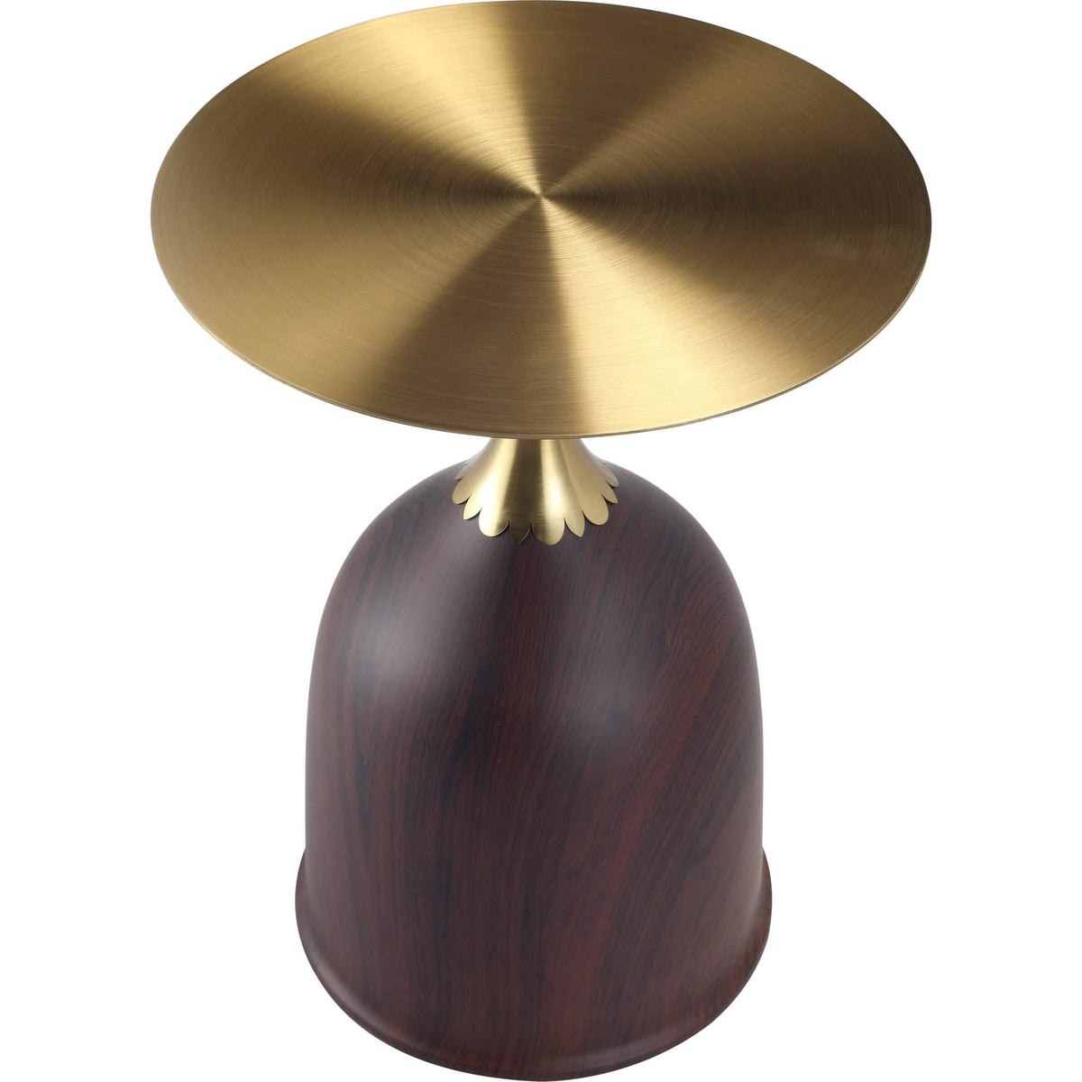 Oslo Side Table Round Stainless Steel Top and Pedestal Base Wood Brown Side Table LeisureMod