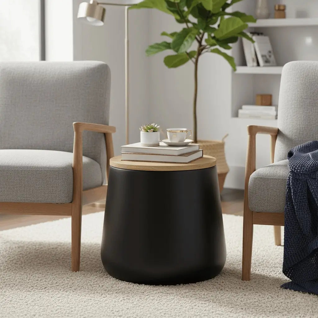 Orunel Modern Round Fiberstone Side Table with Hidden Storage – Indoor Outdoor Accent Table