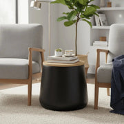 Orunel Modern Round Fiberstone Side Table with Hidden Storage – Indoor Outdoor Accent Table