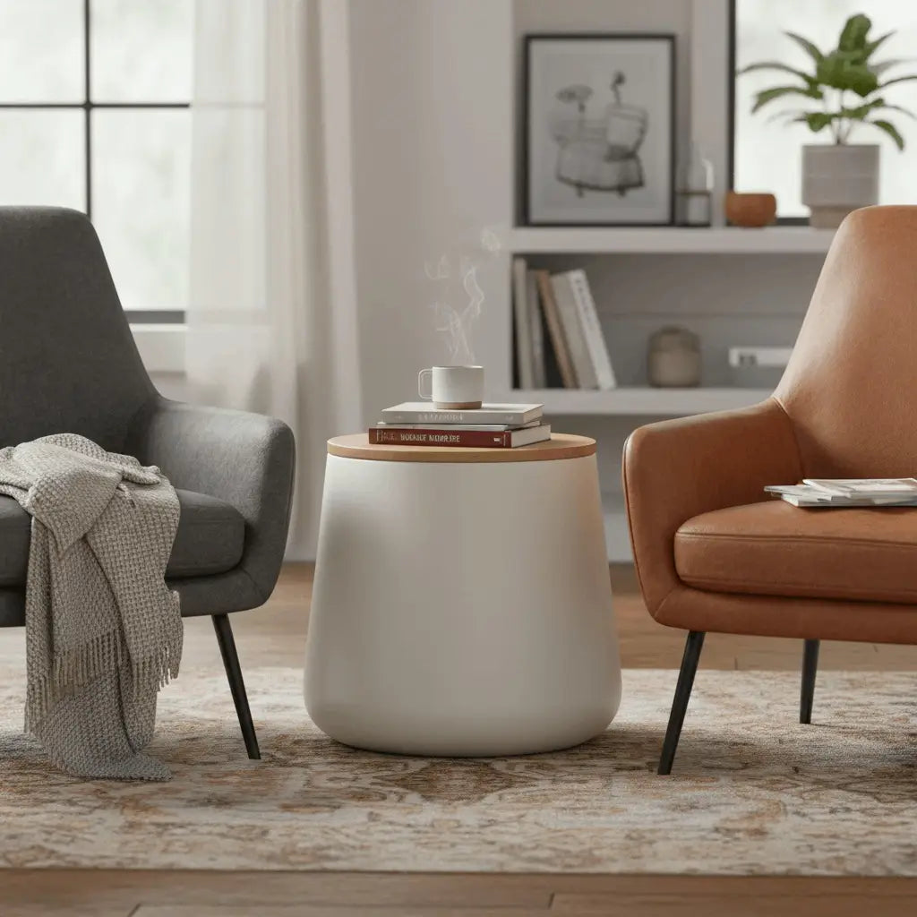 Orunel Modern Round Fiberstone Side Table with Hidden Storage – Indoor Outdoor Accent Table