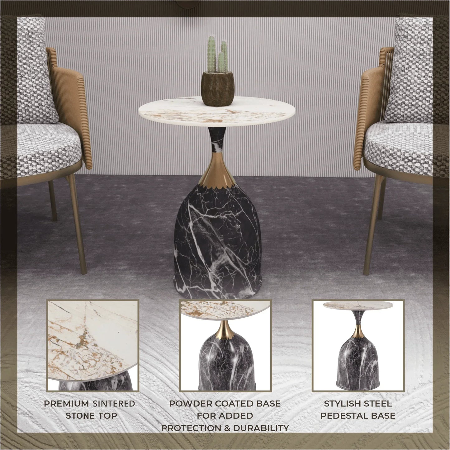 Oslo Side Table Round Sintered Stone with Stainless Steel Base - Elax Furniture