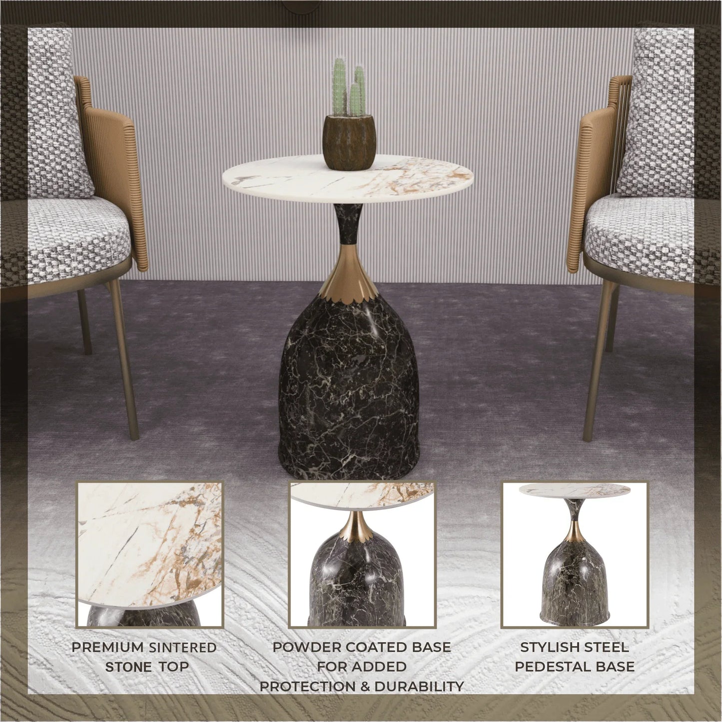 Oslo Side Table Round Sintered Stone with Stainless Steel Base - Elax Furniture