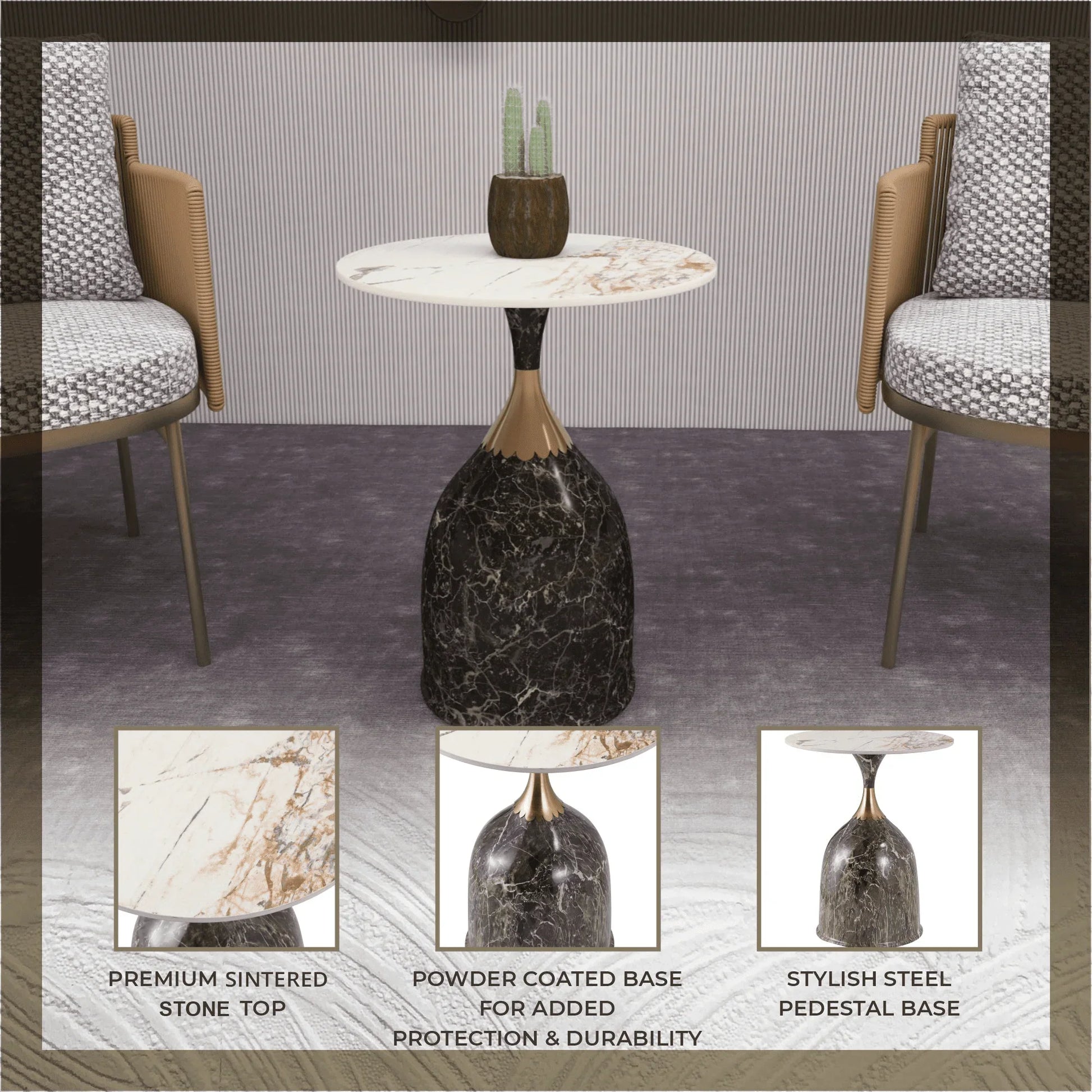 Oslo Side Table Round Sintered Stone with Stainless Steel Base - Elax Furniture