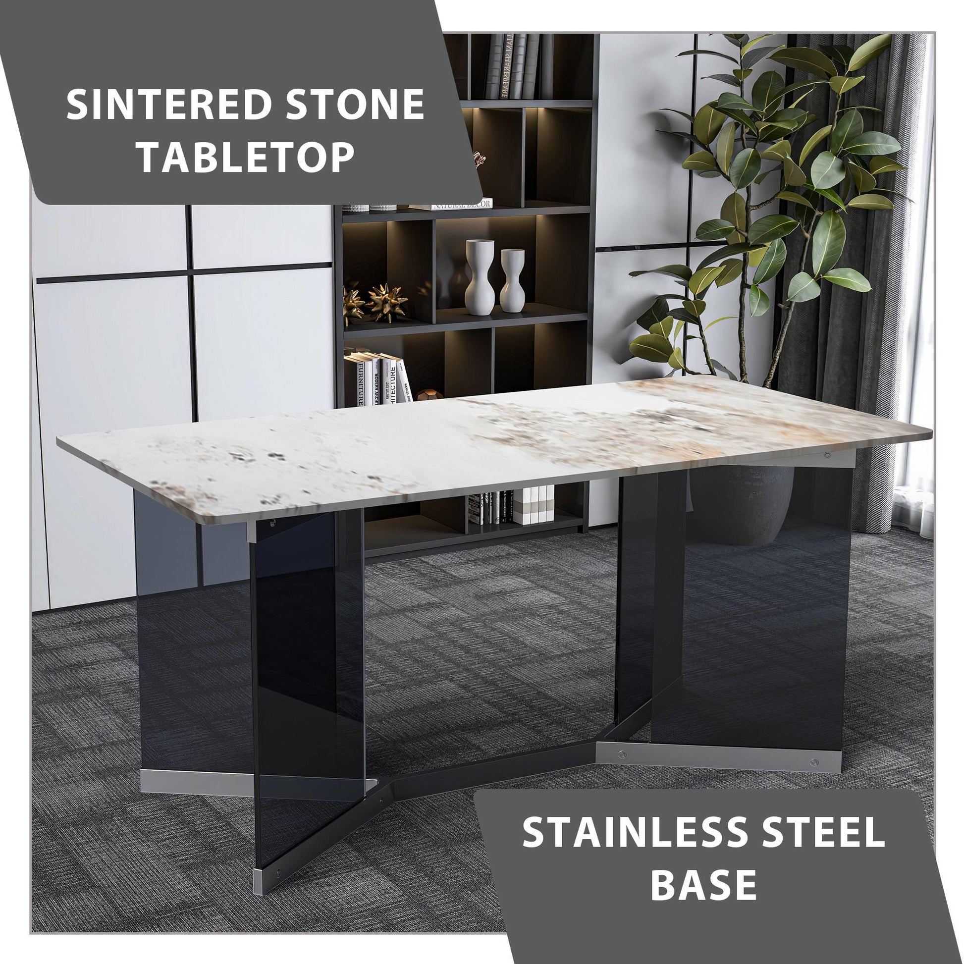 Oryn Modern Rectangular Dining Table with Glass/Sintered Stone Tabletop - Elax Furniture