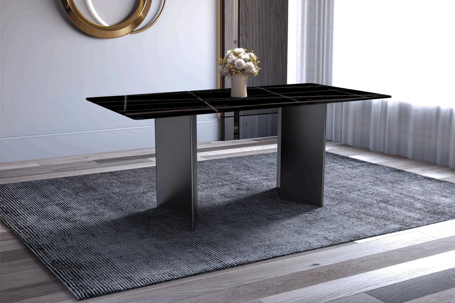 Olyra Dining Table with a Rectangular Glass/Sintered Stone Tabletop and Stainless Steel Base - Elax Furniture