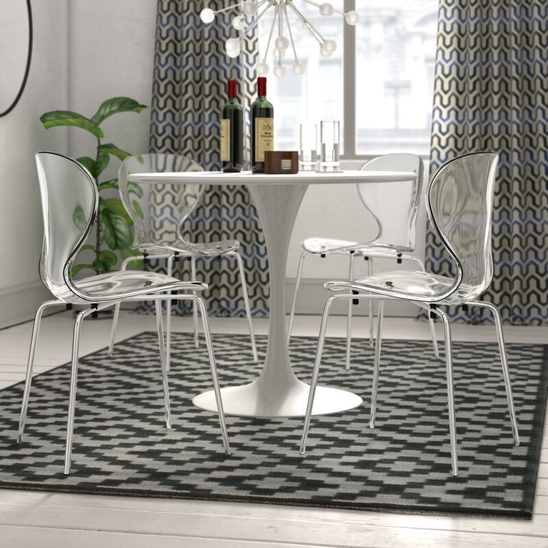 Oyster Modern Stackable Dining Side Chair with Chrome/White/Black Stainless Steel Legs Silver Clear Dining Chair Leisuremod