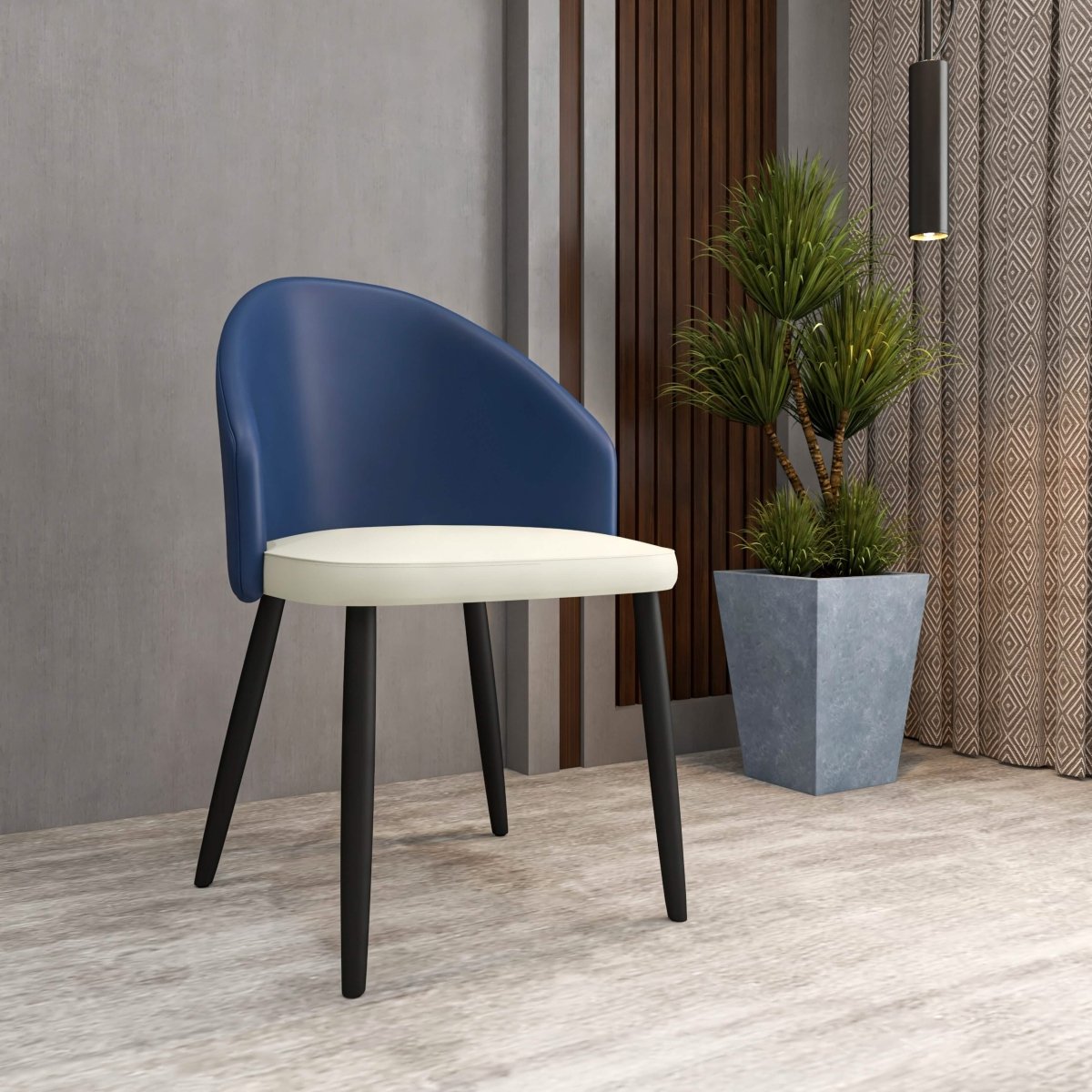 Paradiso Dining Chairs Leather Seat and Curved Back with Oak Wood Legs Blue White Dining Chair Leisuremod
