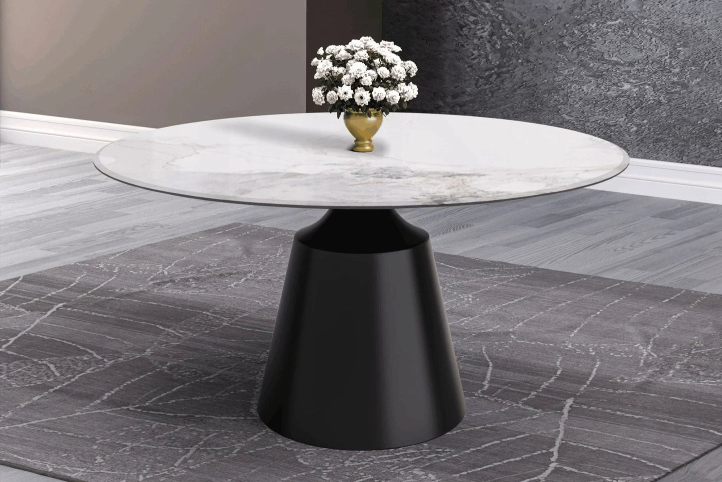 Prynn Modern Round Dining Table with a Sintered Stone/Glass Top in Stainless Steel - Elax Furniture