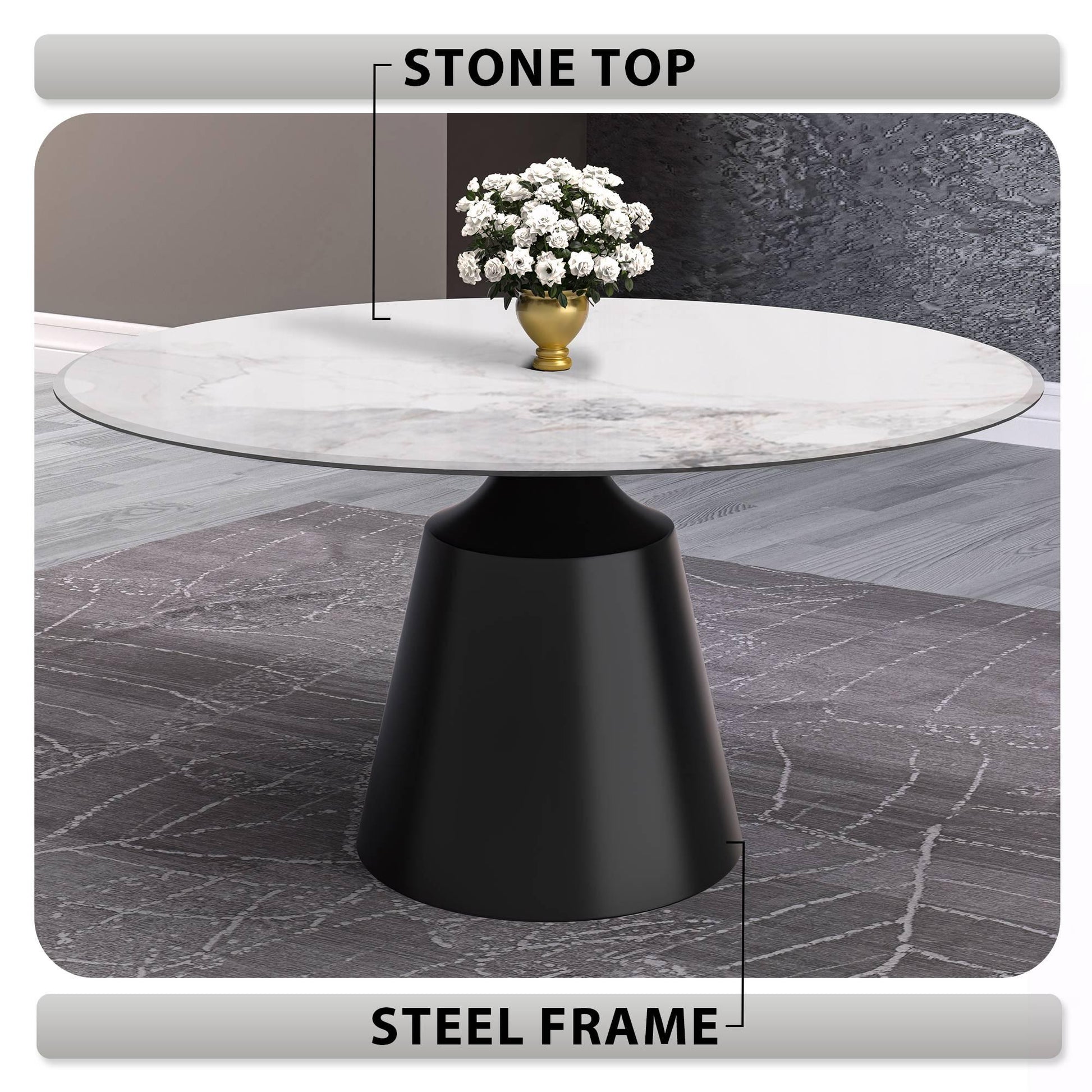 Prynn Modern Round Dining Table with a Sintered Stone/Glass Top in Stainless Steel - Elax Furniture