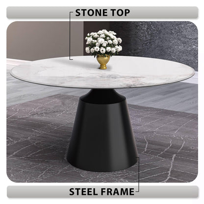 Prynn Modern Round Dining Table with a Sintered Stone/Glass Top in Stainless Steel - Elax Furniture