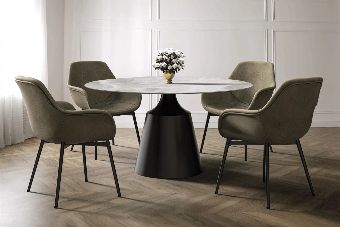 Prynn Modern Round Dining Table with a Sintered Stone/Glass Top in Stainless Steel - Elax Furniture