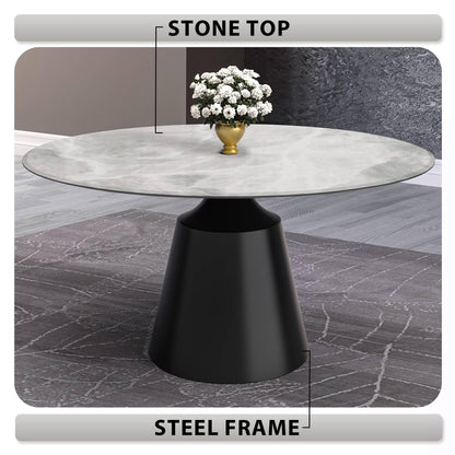 Prynn Modern Round Dining Table with a Sintered Stone/Glass Top in Stainless Steel - Elax Furniture