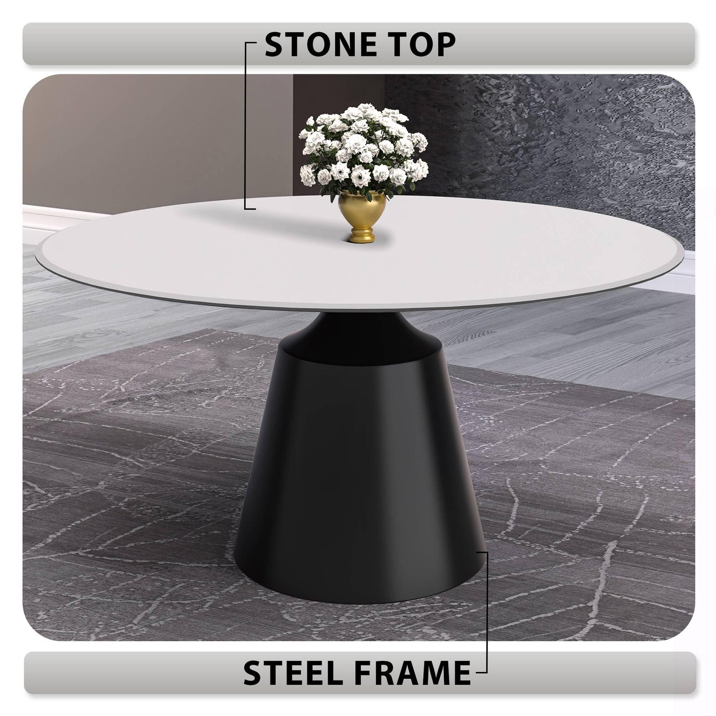 Prynn Modern Round Dining Table with a Sintered Stone/Glass Top in Stainless Steel - Elax Furniture
