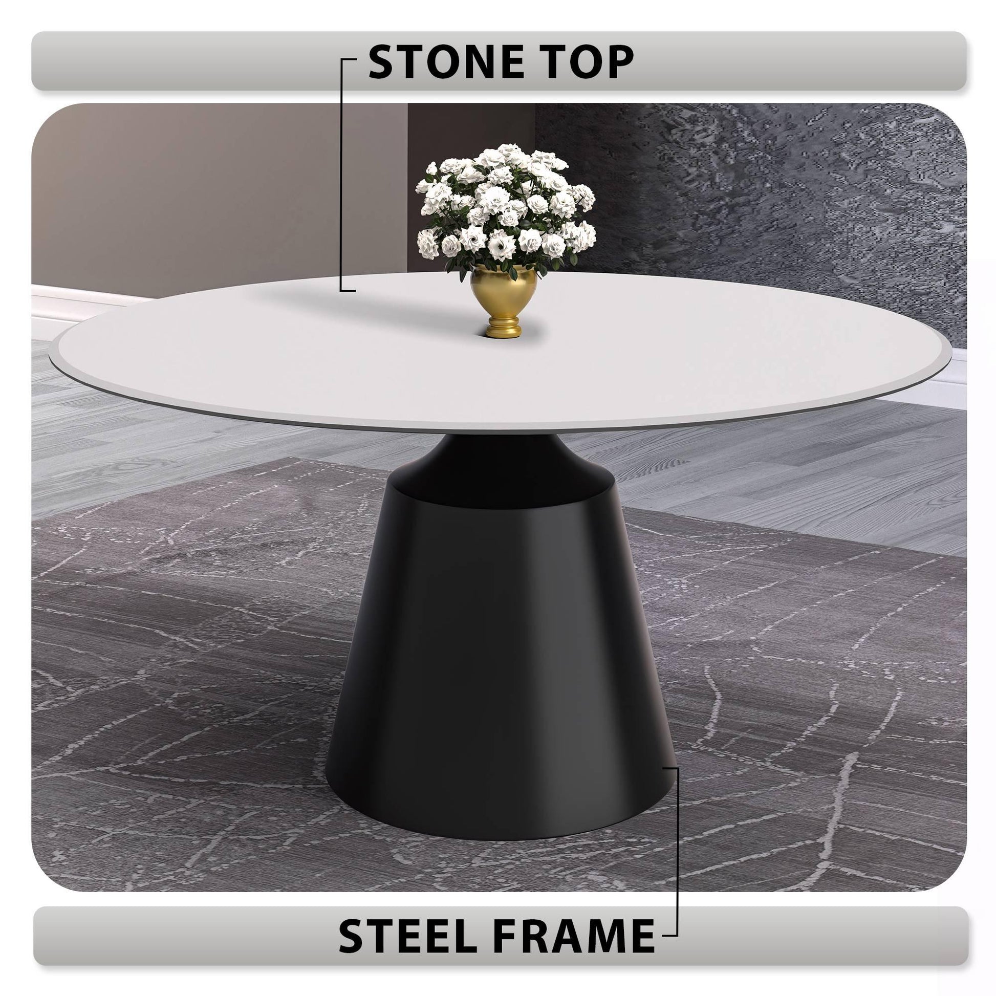 Prynn Modern Round Dining Table with a Sintered Stone/Glass Top in Stainless Steel - Elax Furniture